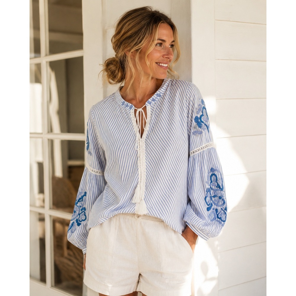 J.McLaughlin Blue Stripe Embroidered Linen Blend Peasant Blouse XS